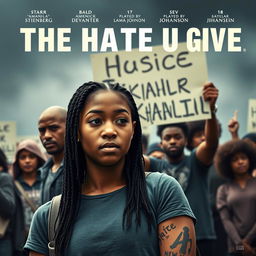 Create a movie poster for 'The Hate U Give' featuring 16-year-old Starr, played by Amandla Stenberg with long braids, in the front