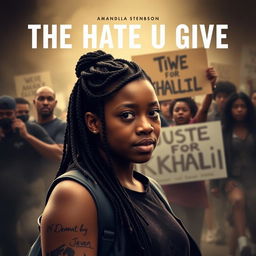 Create a movie poster for 'The Hate U Give' featuring 16-year-old Starr, played by Amandla Stenberg with long braids, in the front