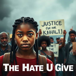 Create a movie poster for 'The Hate U Give' featuring 16-year-old Starr, played by Amandla Stenberg with long braids, in the front