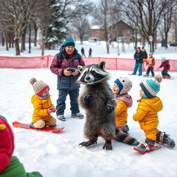 A lively scene in a snowy landscape featuring a coach teaching adults, children, and a wacky raccoon the fundamentals of good sportsmanship