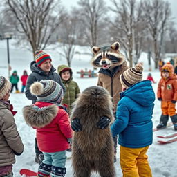 A lively scene in a snowy landscape featuring a coach teaching adults, children, and a wacky raccoon the fundamentals of good sportsmanship