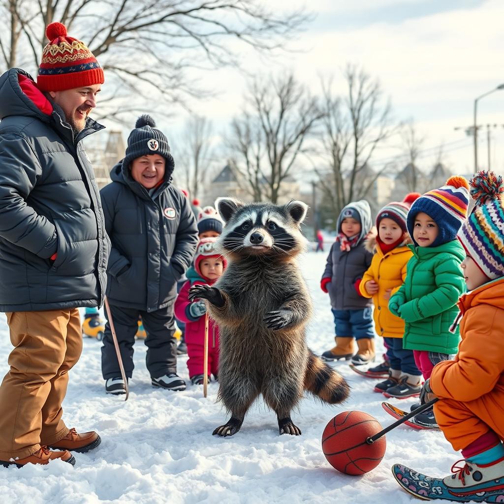 A lively scene in a snowy landscape featuring a coach teaching adults, children, and a wacky raccoon the fundamentals of good sportsmanship