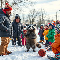 A lively scene in a snowy landscape featuring a coach teaching adults, children, and a wacky raccoon the fundamentals of good sportsmanship