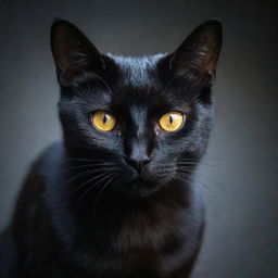 A sleek, black cat with bright, shining eyes, glossy coat, and an eerie semblance of malicious intent.