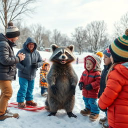 A lively scene in a snowy landscape featuring a coach teaching adults, children, and a wacky raccoon the fundamentals of good sportsmanship