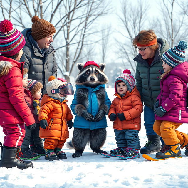 A lively scene in a snowy landscape featuring a coach teaching adults, children, and a wacky raccoon the fundamentals of good sportsmanship