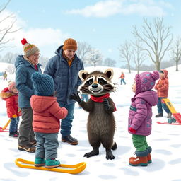 A lively scene in a snowy landscape featuring a coach teaching adults, children, and a wacky raccoon the fundamentals of good sportsmanship