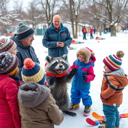 A lively scene in a snowy landscape featuring a coach teaching adults, children, and a wacky raccoon the fundamentals of good sportsmanship