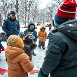 A lively scene in a snowy landscape featuring a coach teaching adults, children, and a wacky raccoon the fundamentals of good sportsmanship