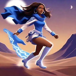 A brown-skinned city girl with swag, wearing a blue and white costume and legendary blue thunder boots