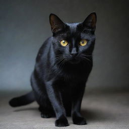 A sleek, black cat with bright, shining eyes, glossy coat, and an eerie semblance of malicious intent.