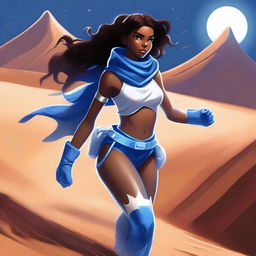 A brown-skinned city girl with swag, wearing a blue and white costume and legendary blue thunder boots