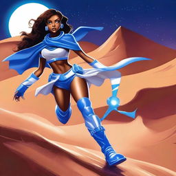 A brown-skinned city girl with swag, wearing a blue and white costume and legendary blue thunder boots