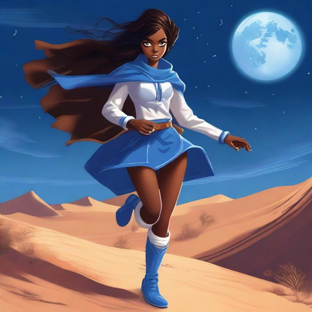 A brown-skinned city girl with swag, wearing a blue and white costume and legendary blue thunder boots