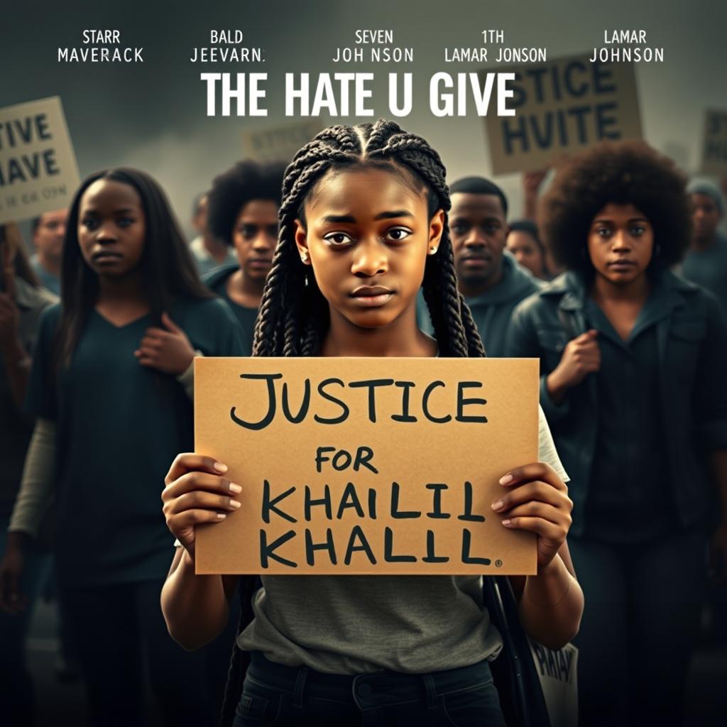 Create a movie poster for 'The Hate U Give' featuring 16-year-old Starr, played by Amandla Stenberg with long braids, in the front holding a sign that says 'Justice for Khalil'