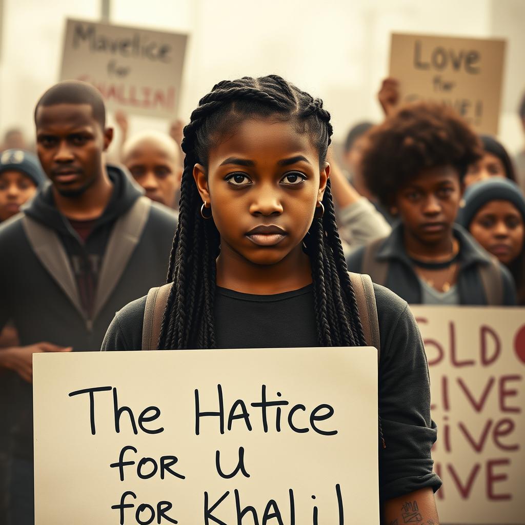 Create a movie poster for 'The Hate U Give' featuring 16-year-old Starr, played by Amandla Stenberg with long braids, in the front holding a sign that says 'Justice for Khalil'