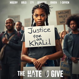 Create a movie poster for 'The Hate U Give' featuring 16-year-old Starr, played by Amandla Stenberg with long braids, in the front holding a sign that says 'Justice for Khalil'