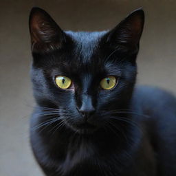 A sleek, black cat with bright, shining eyes, glossy coat, and an eerie semblance of malicious intent.