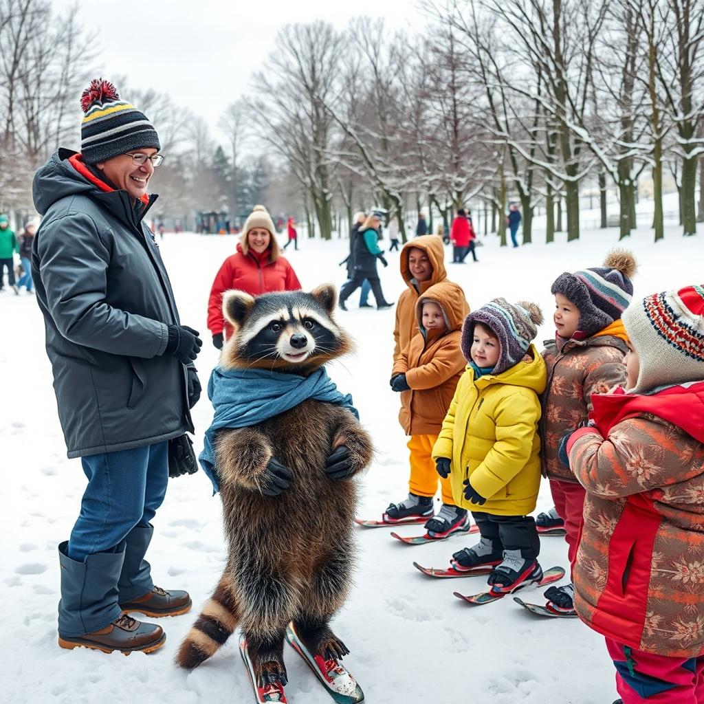 A lively winter scene featuring a coach teaching adults, children, and a wacky raccoon in a snowy landscape