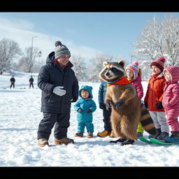 A lively winter scene featuring a coach teaching adults, children, and a wacky raccoon in a snowy landscape