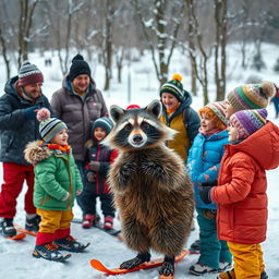 A lively winter scene featuring a coach teaching adults, children, and a wacky raccoon in a snowy landscape