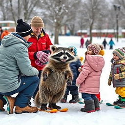 A lively winter scene featuring a coach teaching adults, children, and a wacky raccoon in a snowy landscape