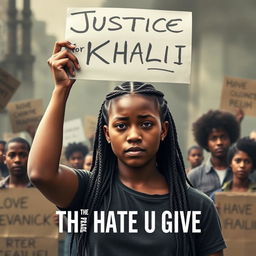 Create a movie poster for 'The Hate U Give' featuring 16-year-old Starr, played by Amandla Stenberg with long braids and a serious expression, in the front holding a sign above her head that says 'Justice for Khalil'