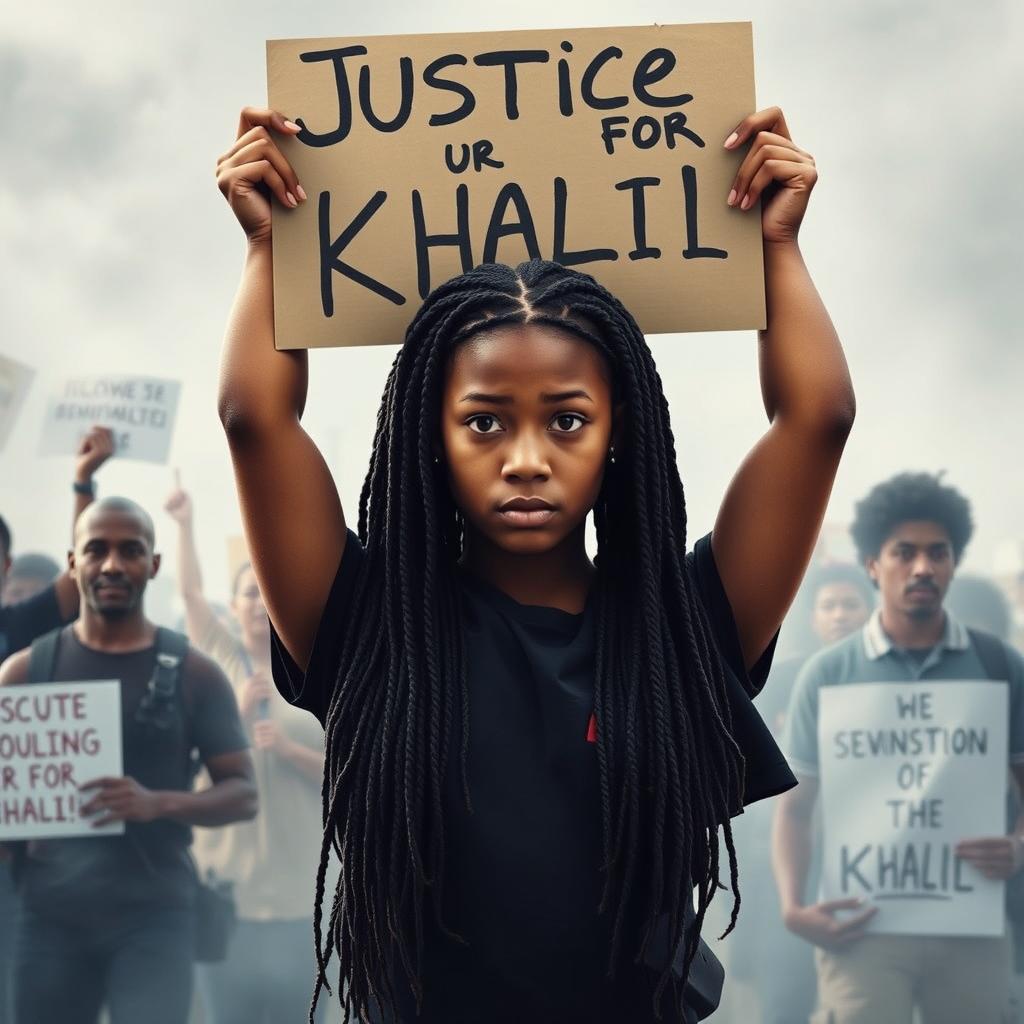 Create a movie poster for 'The Hate U Give' featuring 16-year-old Starr, played by Amandla Stenberg with long braids and a serious expression, in the front holding a sign above her head that says 'Justice for Khalil'