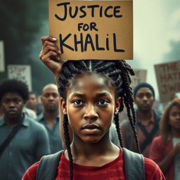 Create a movie poster for 'The Hate U Give' featuring 16-year-old Starr, played by Amandla Stenberg with long braids and a serious expression, in the front holding a sign above her head that says 'Justice for Khalil'