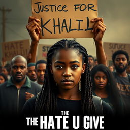 Create a movie poster for 'The Hate U Give' featuring 16-year-old Starr, played by Amandla Stenberg with long braids and a serious expression, in the front holding a sign above her head that says 'Justice for Khalil'