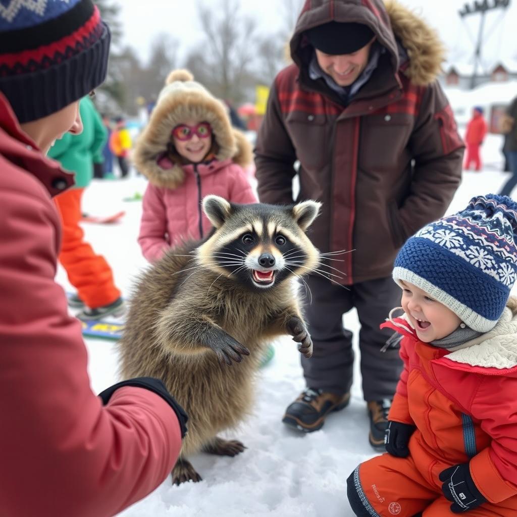 A lively winter scene featuring a trainer working with adults, children, and a wacky raccoon in a snowy landscape