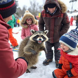 A lively winter scene featuring a trainer working with adults, children, and a wacky raccoon in a snowy landscape