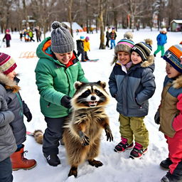 A lively winter scene featuring a trainer working with adults, children, and a wacky raccoon in a snowy landscape