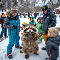 A lively winter scene featuring a trainer working with adults, children, and a wacky raccoon in a snowy landscape