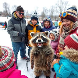 A lively winter scene featuring a trainer working with adults, children, and a wacky raccoon in a snowy landscape