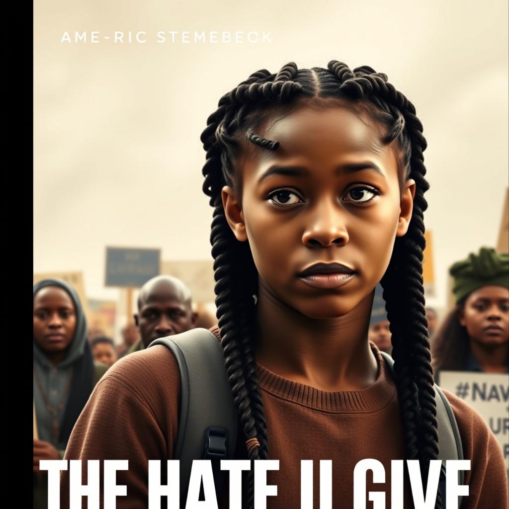 Create a movie poster for 'The Hate U Give' featuring 16-year-old Starr, played by Amandla Stenberg with long braids and a serious expression, in the front