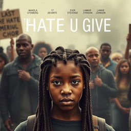 Create a movie poster for 'The Hate U Give' featuring 16-year-old Starr, played by Amandla Stenberg with long braids and a serious expression, in the front