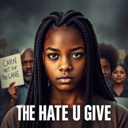 Create a movie poster for 'The Hate U Give' featuring 16-year-old Starr, played by Amandla Stenberg with long braids and a serious expression, in the front