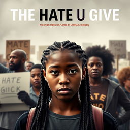 Create a movie poster for 'The Hate U Give' featuring 16-year-old Starr, played by Amandla Stenberg with long braids and a serious expression, in the front