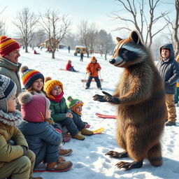 A whimsical winter scene featuring a lecturer addressing adults, children, and a wacky raccoon in a snowy landscape