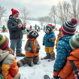 A whimsical winter scene featuring a lecturer addressing adults, children, and a wacky raccoon in a snowy landscape