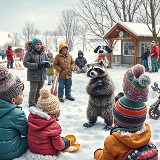 A whimsical winter scene featuring a lecturer addressing adults, children, and a wacky raccoon in a snowy landscape