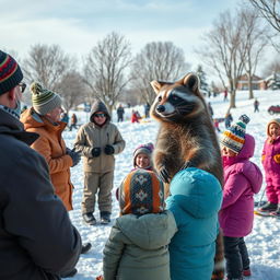 A whimsical winter scene featuring a lecturer addressing adults, children, and a wacky raccoon in a snowy landscape