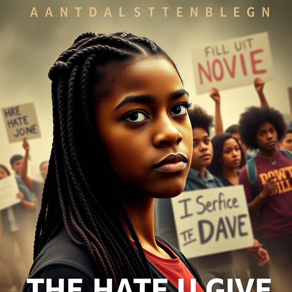 Create a movie poster for 'The Hate U Give' featuring a full-body image of 16-year-old Starr, played by Amandla Stenberg with long braids and a serious expression, in the front