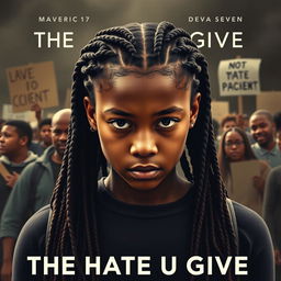 Create a movie poster for 'The Hate U Give' featuring a full-body image of 16-year-old Starr, played by Amandla Stenberg with long braids and a serious expression, in the front