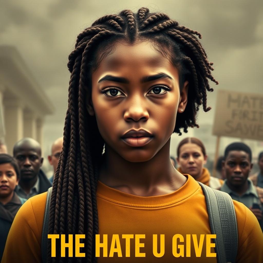 Create a movie poster for 'The Hate U Give' featuring a full-body image of 16-year-old Starr, played by Amandla Stenberg with long braids and a serious expression, in the front