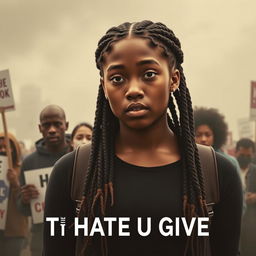 Create a movie poster for 'The Hate U Give' featuring a full-body image of 16-year-old Starr, played by Amandla Stenberg with long braids and a serious expression, in the front