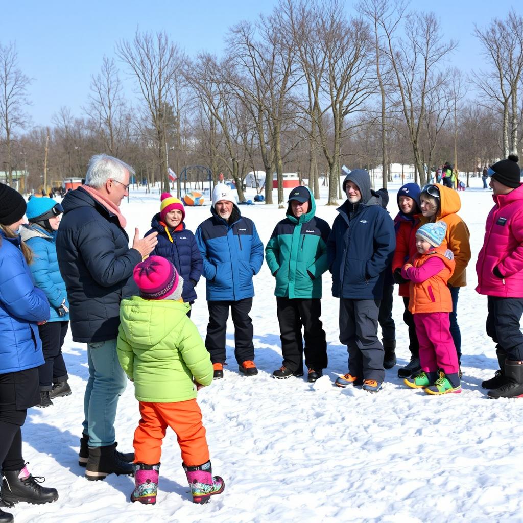 A lively winter scene featuring a lecturer addressing adults and children in a snowy landscape