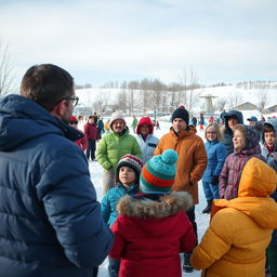 A lively winter scene featuring a lecturer addressing adults and children in a snowy landscape