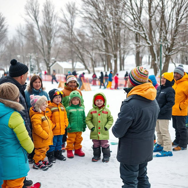 A lively winter scene featuring a lecturer addressing adults and children in a snowy landscape